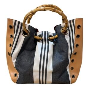 MAXX New York Black and Tan Tote Bag with Bamboo Handles
